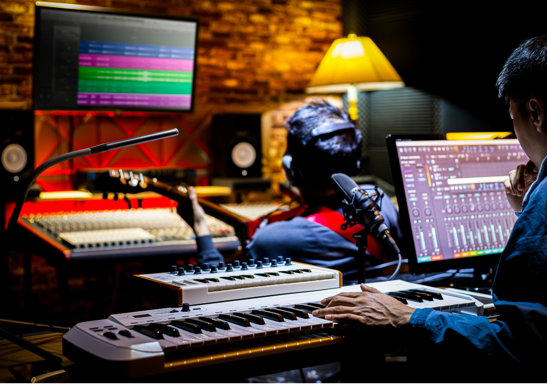 Music production studio scene with keyboards, screens, and recording setup